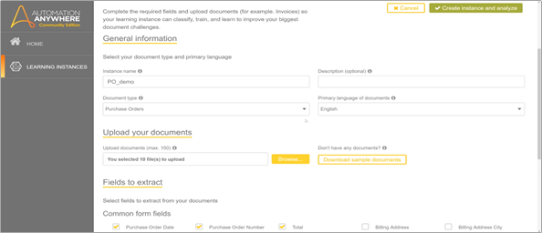 在 Automation Anywhere Community Edition 首頁上啟動 IQ Bot，開始建立您的學習實例。