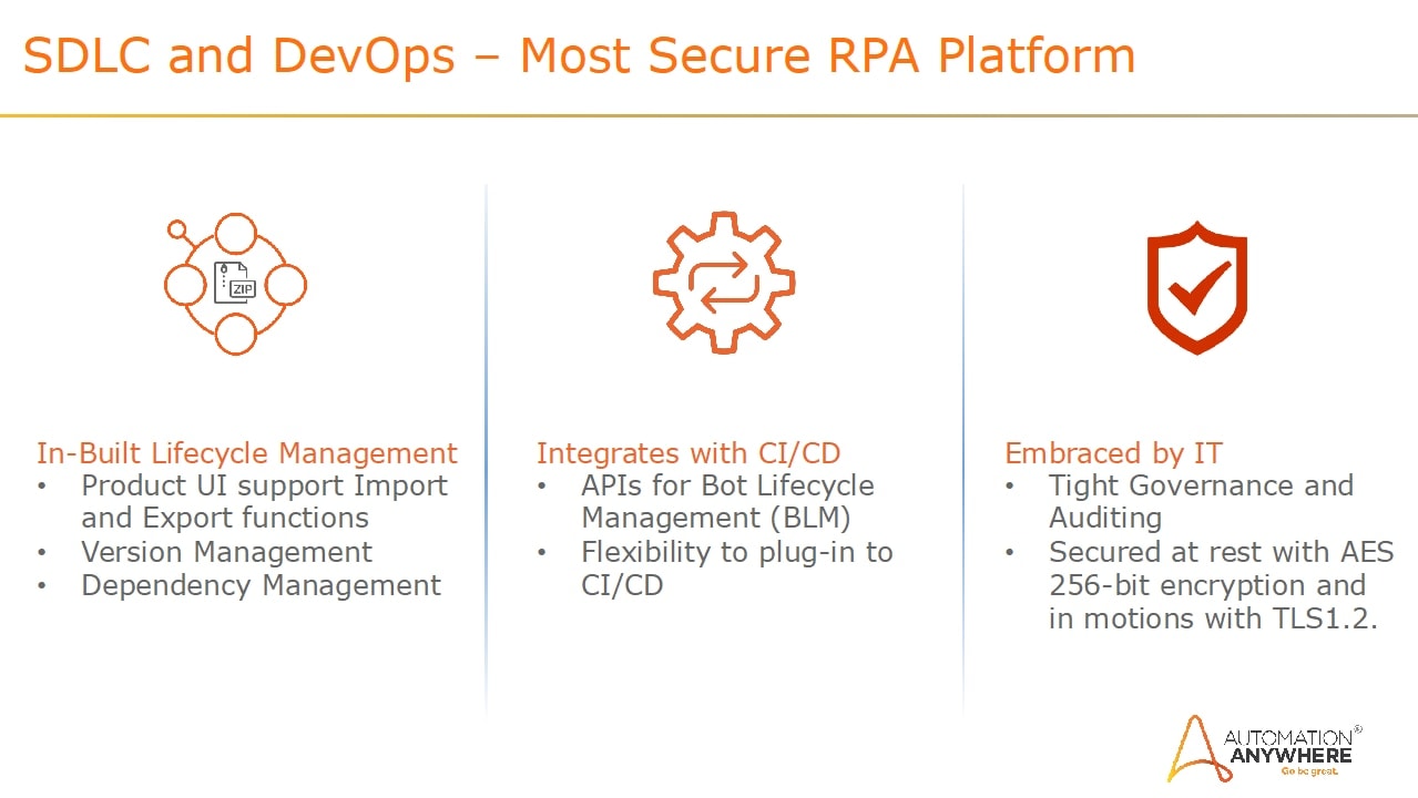 Incorporating RPA and security in the DevOps process results in built-in lifecycle management, integration with continuous improvement/continuous delivery, and is embraced by IT.