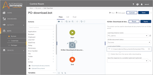 After IQ Bot training and verification are complete, you're ready to put your learning instance into production to use in your RPA workflows.