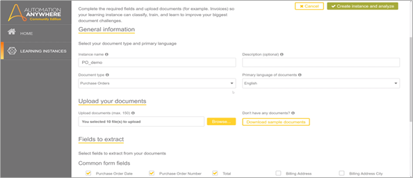 Launch IQ Bot on the home page of Automation Anywhere Community Edition to begin creating your learning instance. 