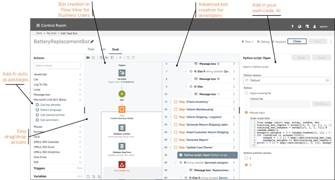 The Automation Anywhere Enterprise RPA platform makes creating bots easy for business users and seasoned developers alike, with drag-and-drop actions, advanced bot creation, and even the ability to add your own code, AI, or other advanced components.