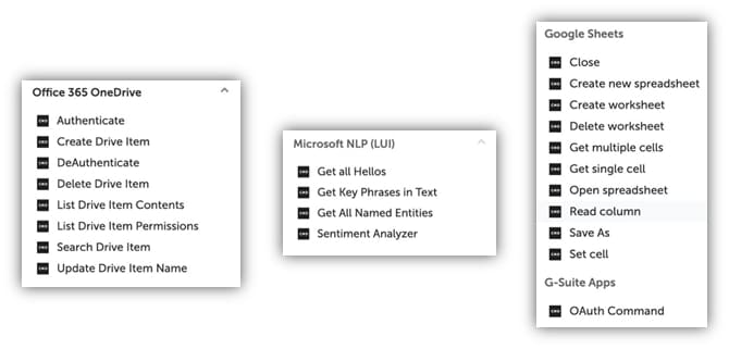 The Enterprise A2019 command set can be easily expanded using built-in commands and those from external sources to include productivity tools from Microsoft and Google, AI, machine learning, natural language processing, and other advanced technologies.