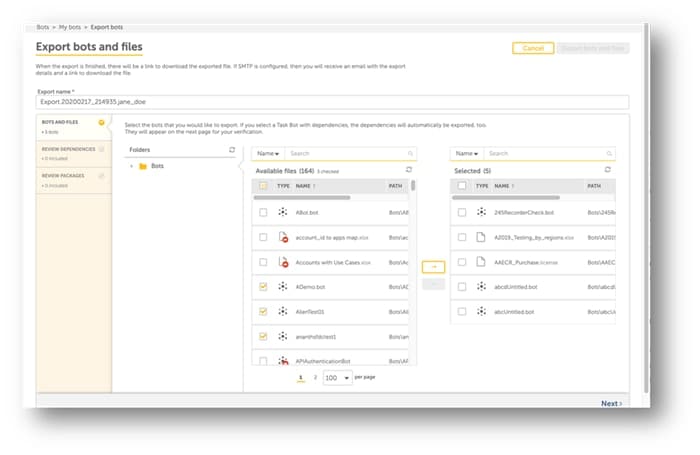 The Bot Import/Export feature in Enterprise A2019 ensures continuous integration/continuous deployment by letting users export and import bot functionality. 