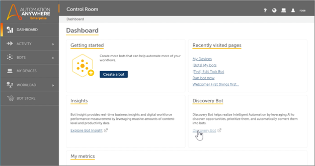 find Discovery Bot on your dashboard