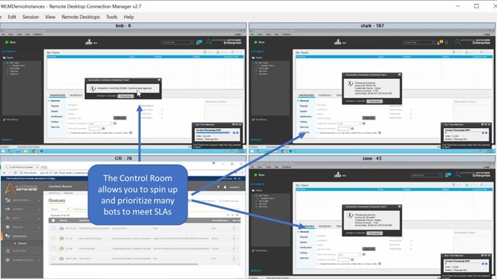 The Control Room in Automation Anywhere Enterprise allows you to spin up and prioritize many bots to meet service-level agreements.