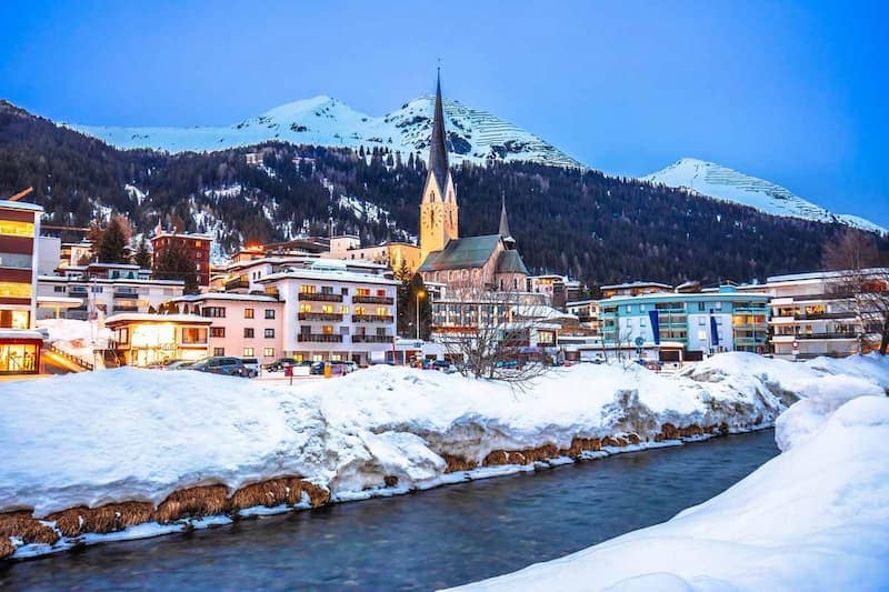 Davos town with snow-capped Alps