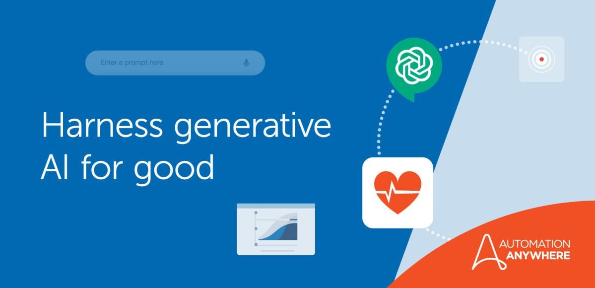 "Harness generative AI for good" with healthcare icons and automation anywhere logo