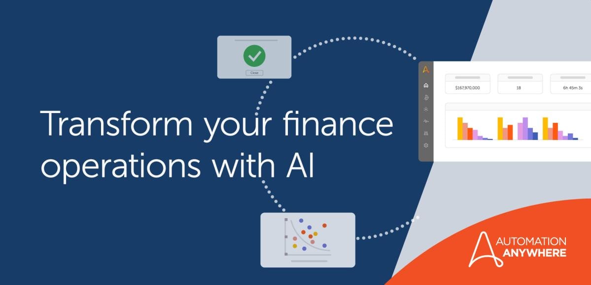 "Transform your finance operations with AI" with a dashboard of graphs